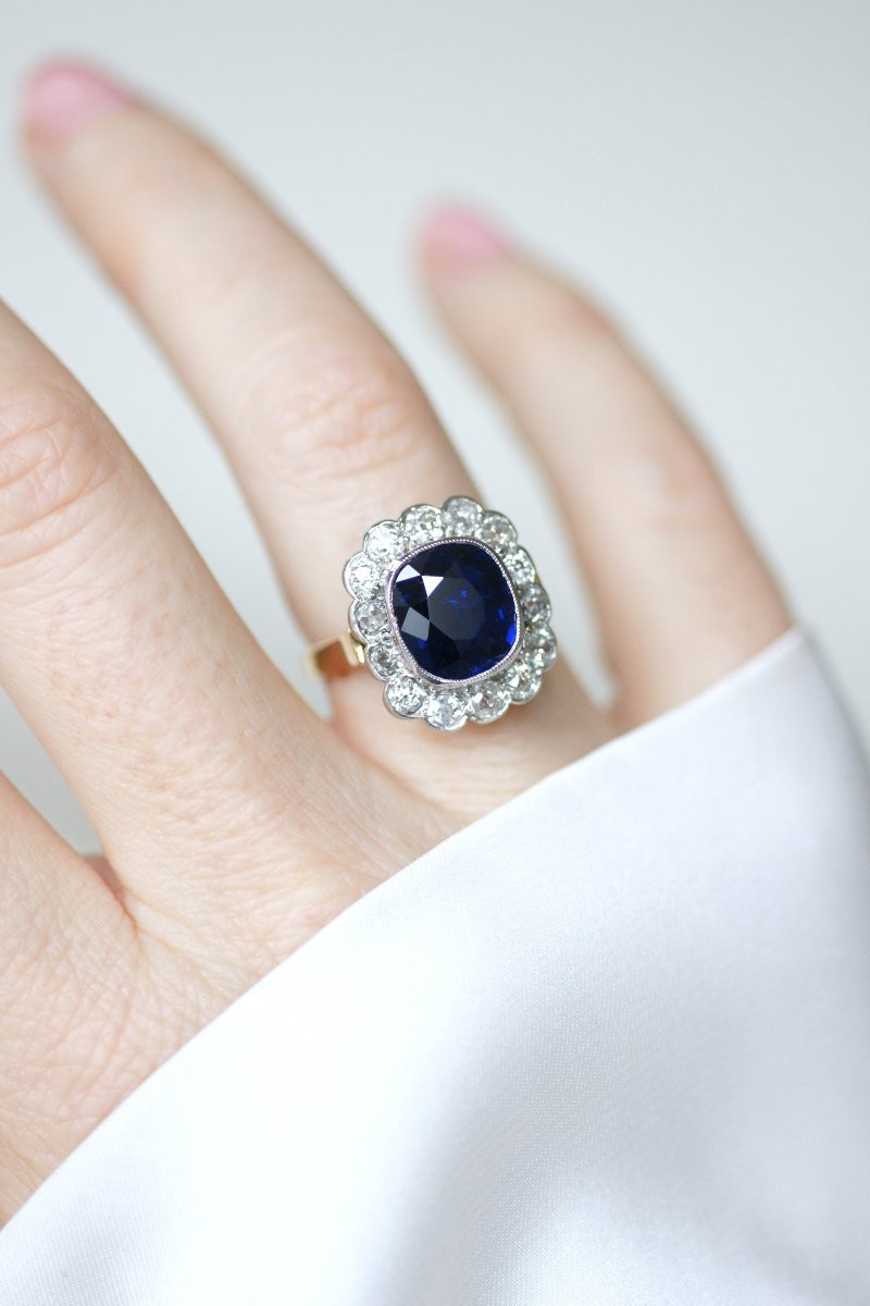 Art Deco Cluster Ring With A 3.65 Ct No Heat Siam Sapphire & Diamonds On Rose Gold And Platinum-photo-7