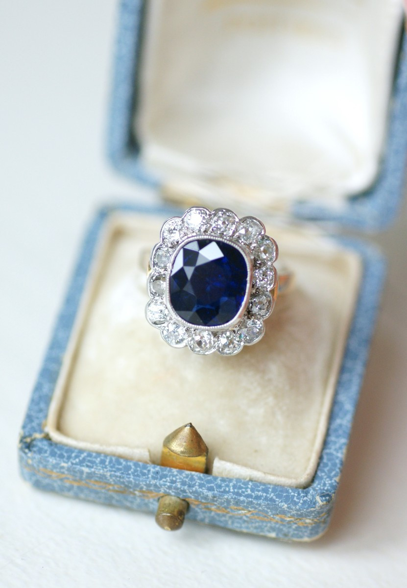 Art Deco Cluster Ring With A 3.65 Ct No Heat Siam Sapphire & Diamonds On Rose Gold And Platinum
