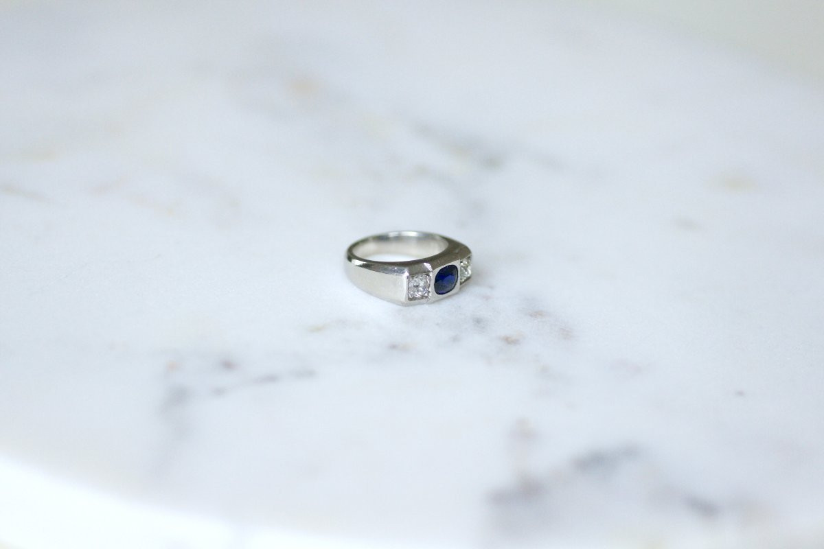 Louis Heissler Bague Chevalière Art Deco Saphir Non Chauffé et Diamants sur Platine-photo-4