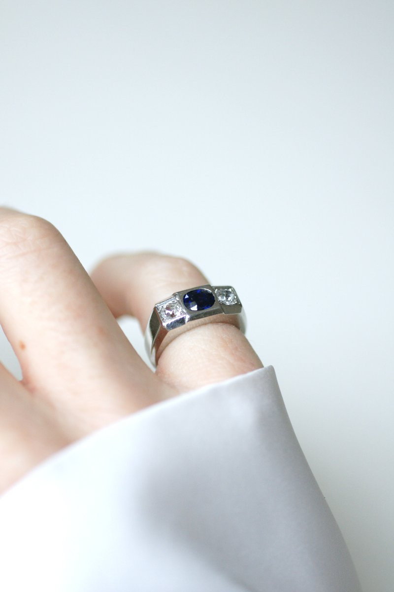 Louis Heissler Bague Chevalière Art Deco Saphir Non Chauffé et Diamants sur Platine-photo-2