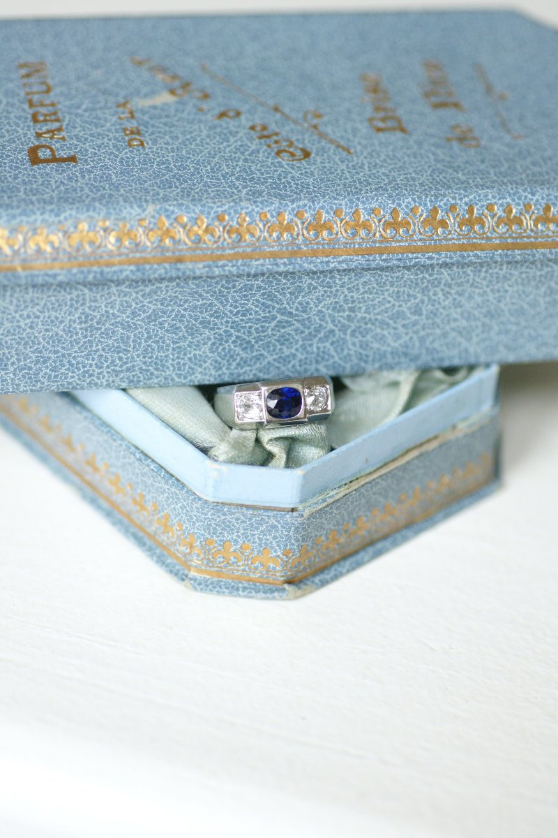 Louis Heissler Bague Chevalière Art Deco Saphir Non Chauffé et Diamants sur Platine-photo-5