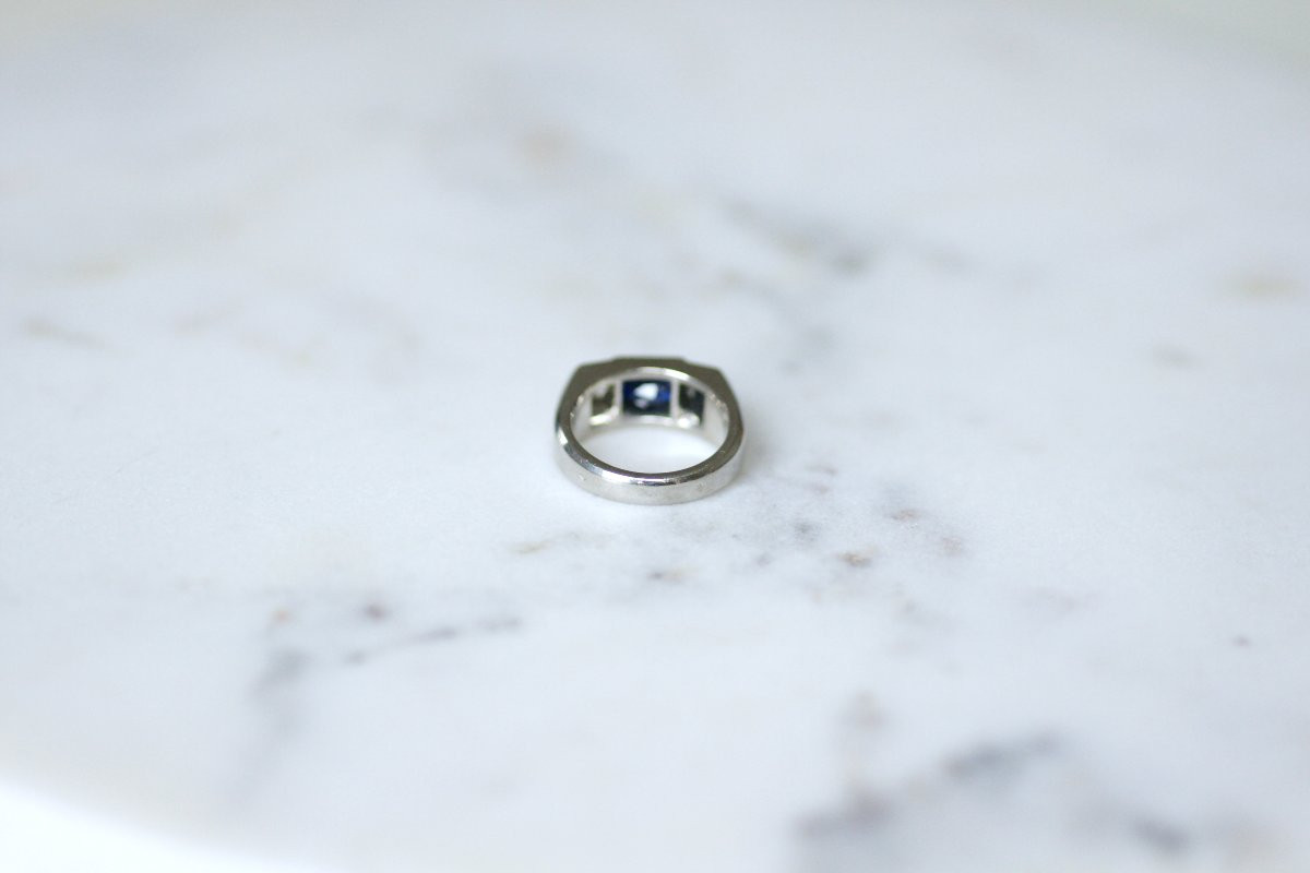 Louis Heissler Bague Chevalière Art Deco Saphir Non Chauffé et Diamants sur Platine-photo-7
