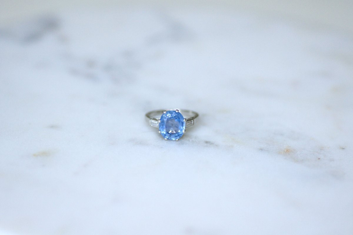 Bague Art Déco Saphir de Ceylan Non Chauffé 3,50 Cts et Diamants sur Platine-photo-2