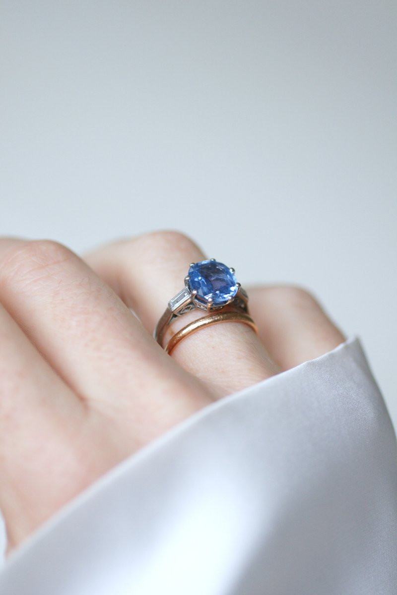 Bague Art Déco Saphir de Ceylan Non Chauffé 3,50 Cts et Diamants sur Platine-photo-5