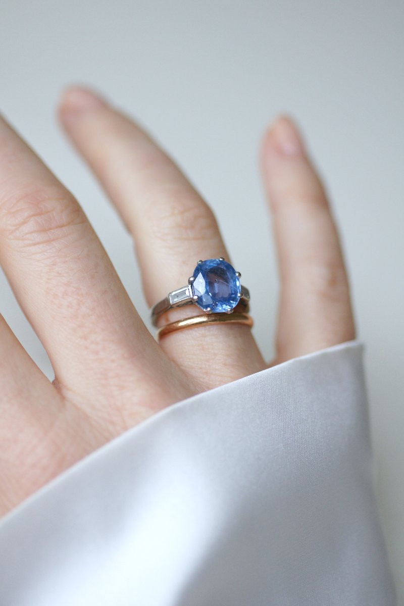 Bague Art Déco Saphir de Ceylan Non Chauffé 3,50 Cts et Diamants sur Platine-photo-6