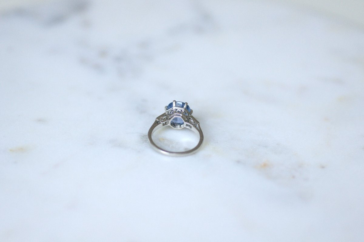 Bague Art Déco Saphir de Ceylan Non Chauffé 3,50 Cts et Diamants sur Platine-photo-7