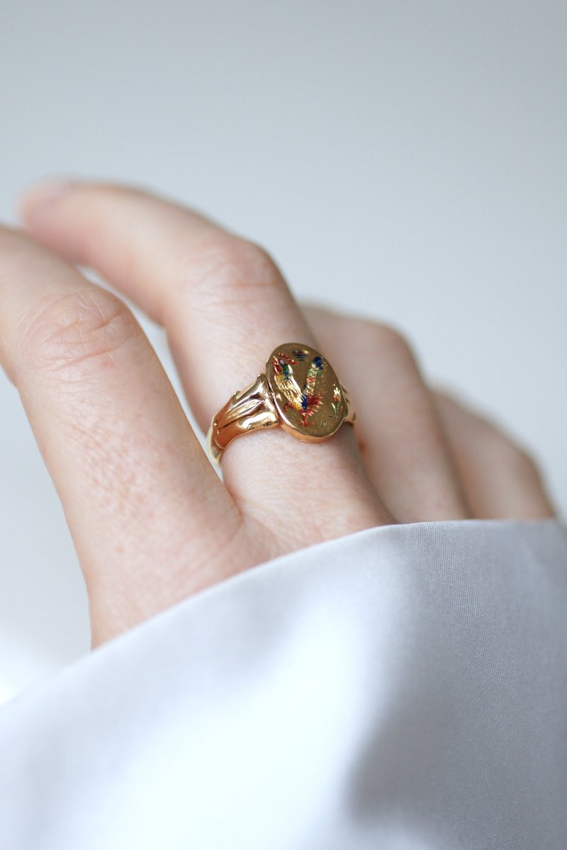 Bague Pivotante Ancienne Chinoise en Or Jaune et Email-photo-2