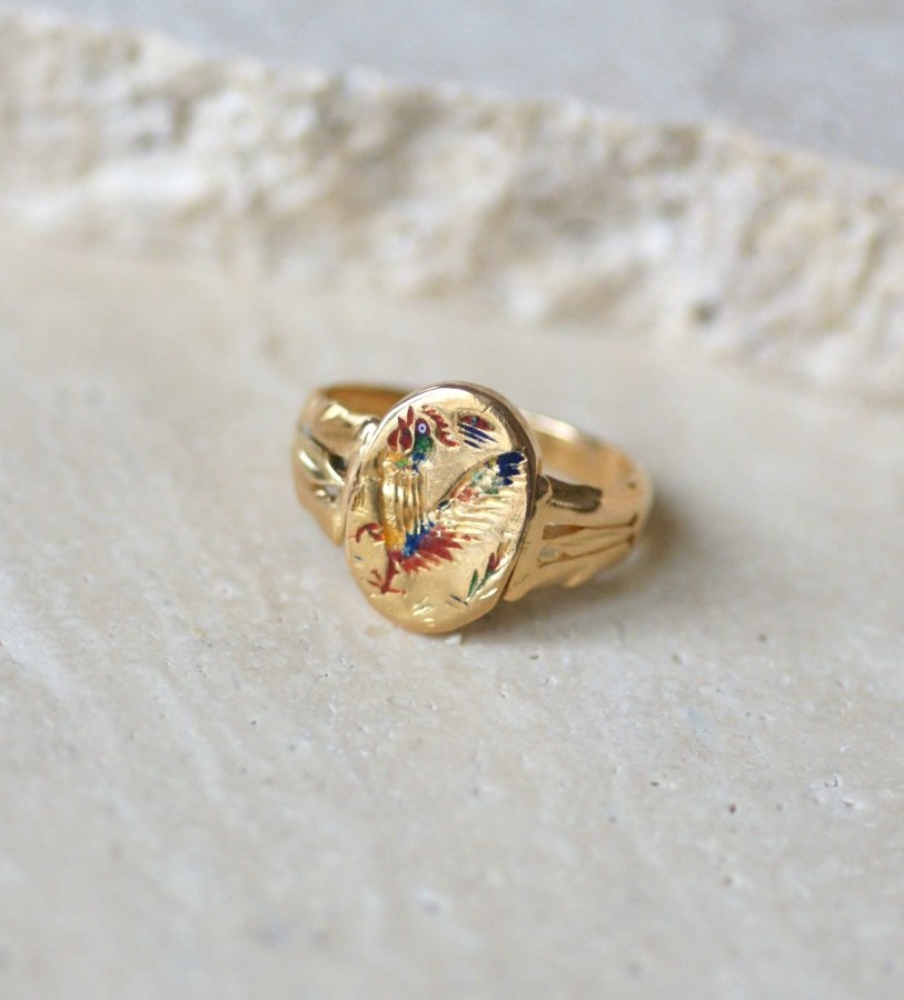 Bague Pivotante Ancienne Chinoise en Or Jaune et Email