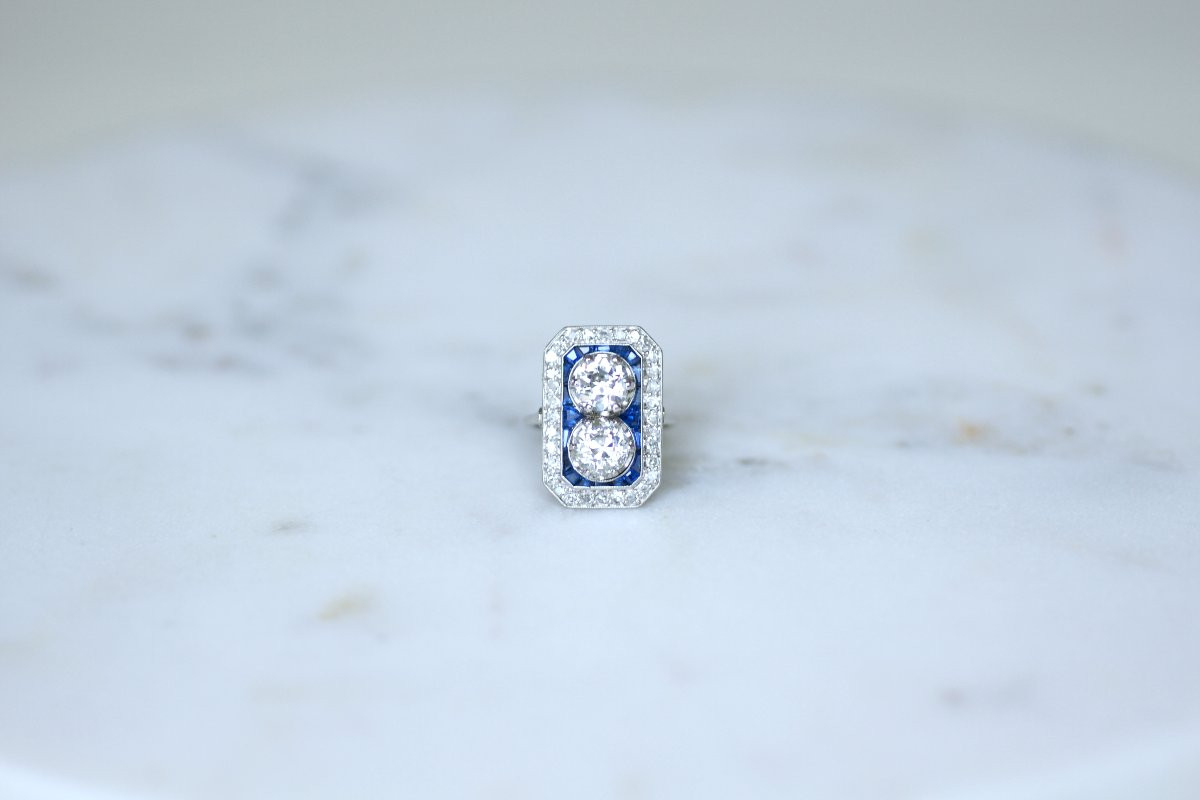 Art Deco Rectangular Ring With  Diamonds & Square Sapphires-photo-2