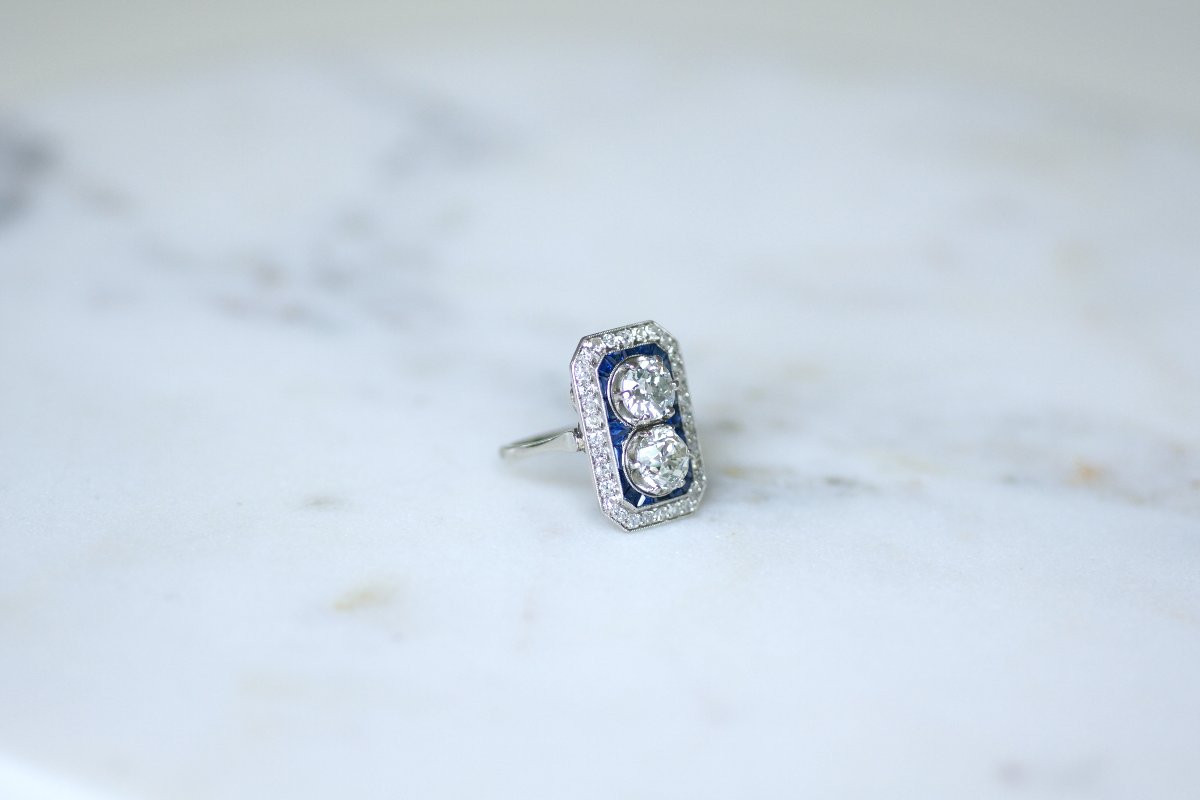 Art Deco Rectangular Ring With  Diamonds & Square Sapphires-photo-4