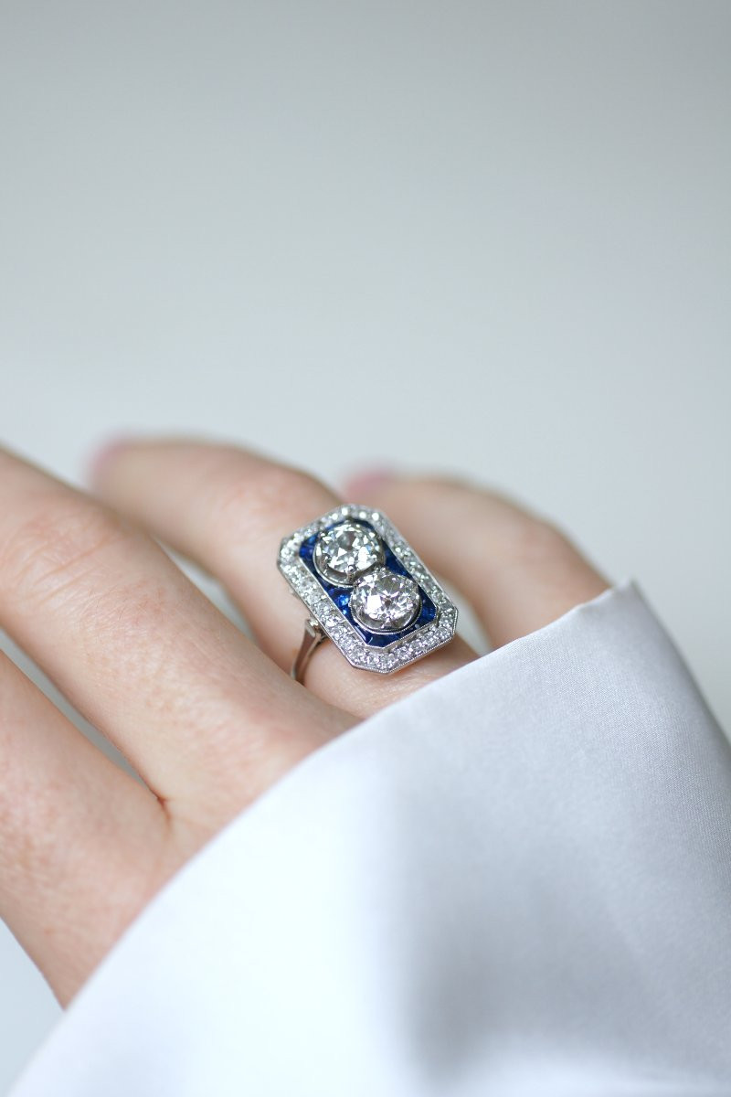 Art Deco Rectangular Ring With  Diamonds & Square Sapphires-photo-2