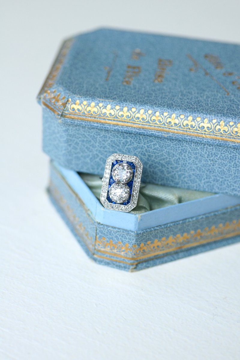 Art Deco Rectangular Ring With  Diamonds & Square Sapphires-photo-6