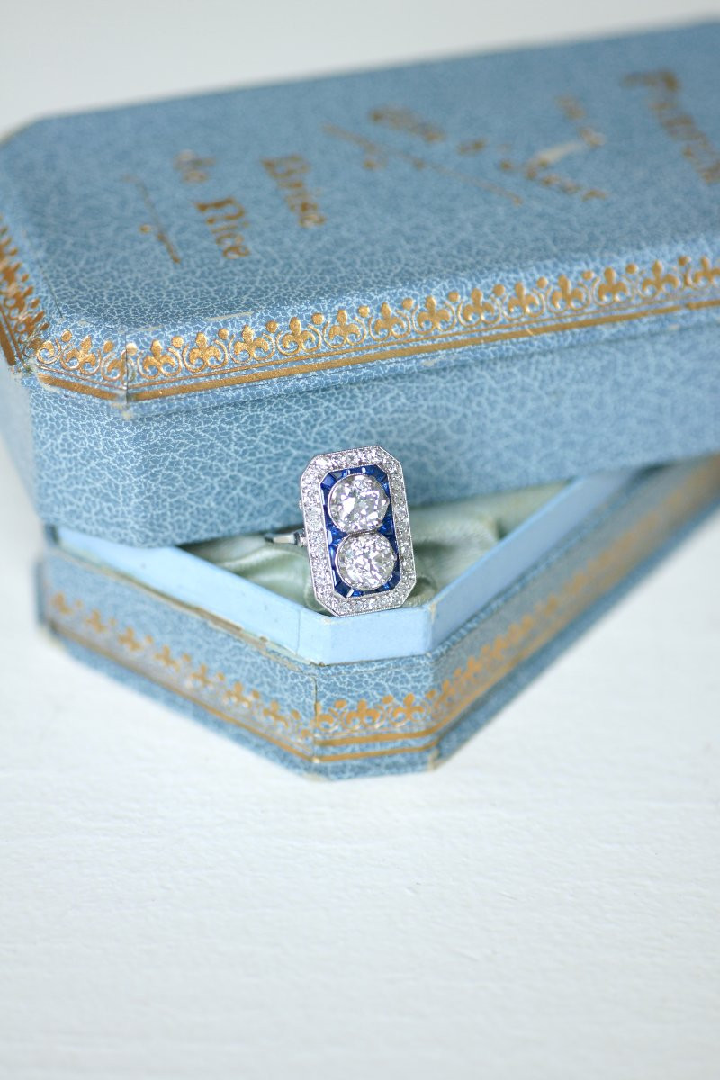Art Deco Rectangular Ring With  Diamonds & Square Sapphires-photo-7