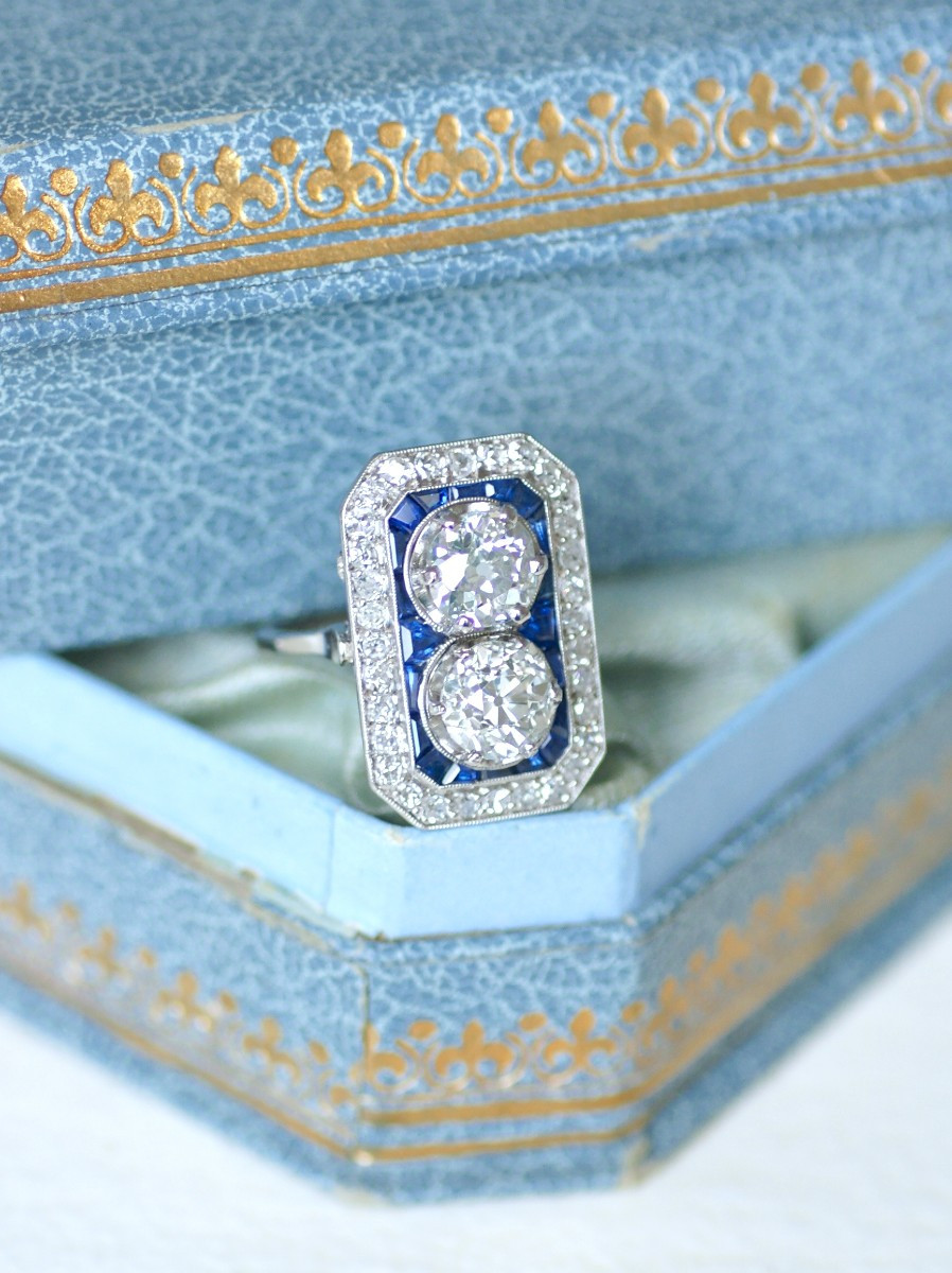 Art Deco Rectangular Ring With  Diamonds & Square Sapphires