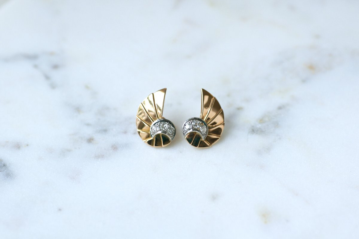 Retro Art Deco Seashell Earrings In Rose Gold And Diamonds-photo-4