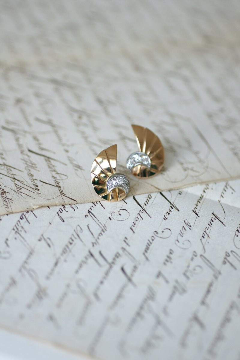 Retro Art Deco Seashell Earrings In Rose Gold And Diamonds-photo-1