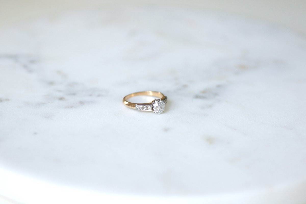 Edwardian Engagement Ring, 1.10 Carats Old Mine Cut Diamond, On Rose Gold And Platinum-photo-4