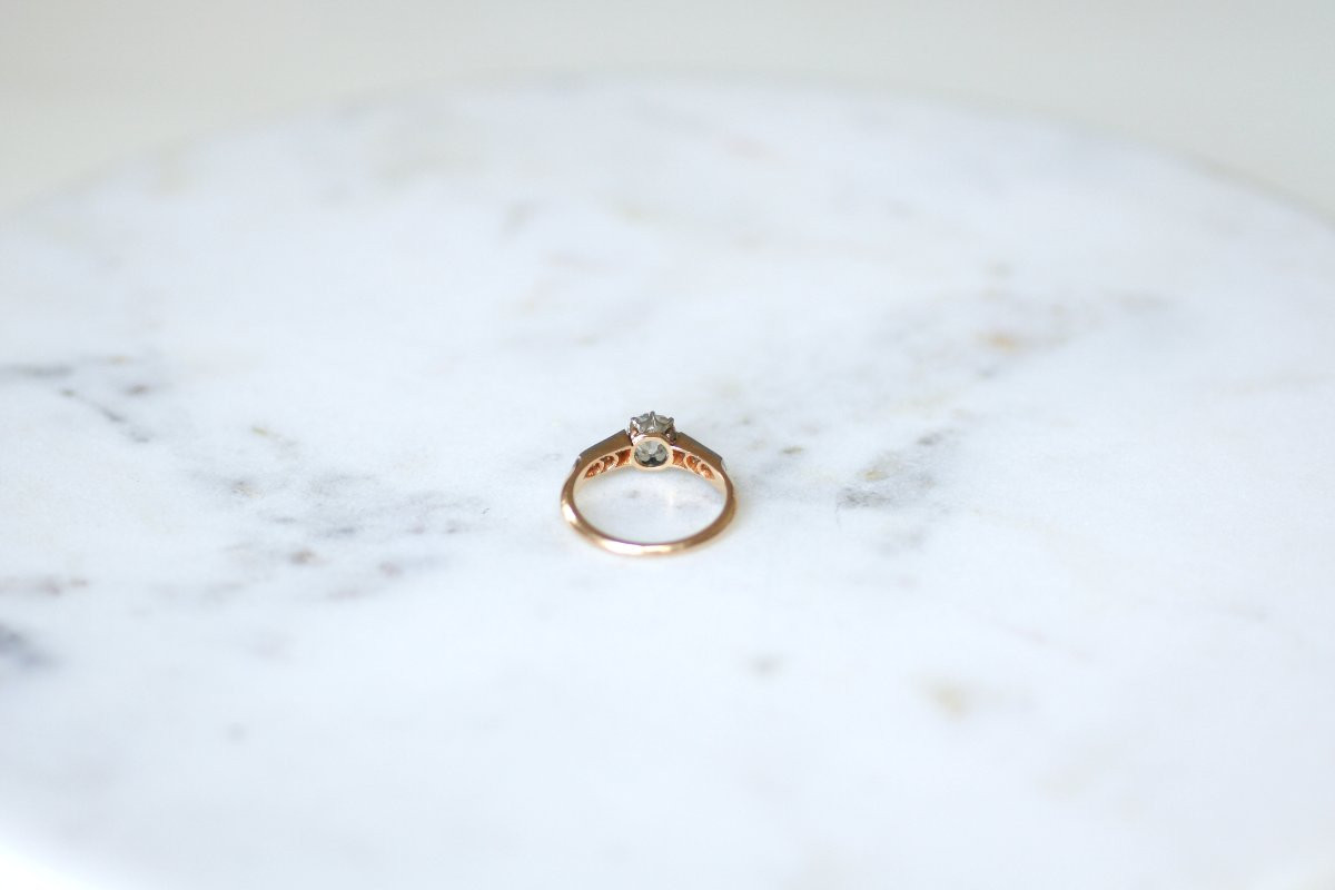 Edwardian Engagement Ring, 1.10 Carats Old Mine Cut Diamond, On Rose Gold And Platinum-photo-7