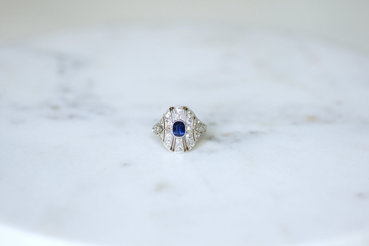 Art Deco Dome Ring With Sapphire And Diamonds On Platinum-photo-2