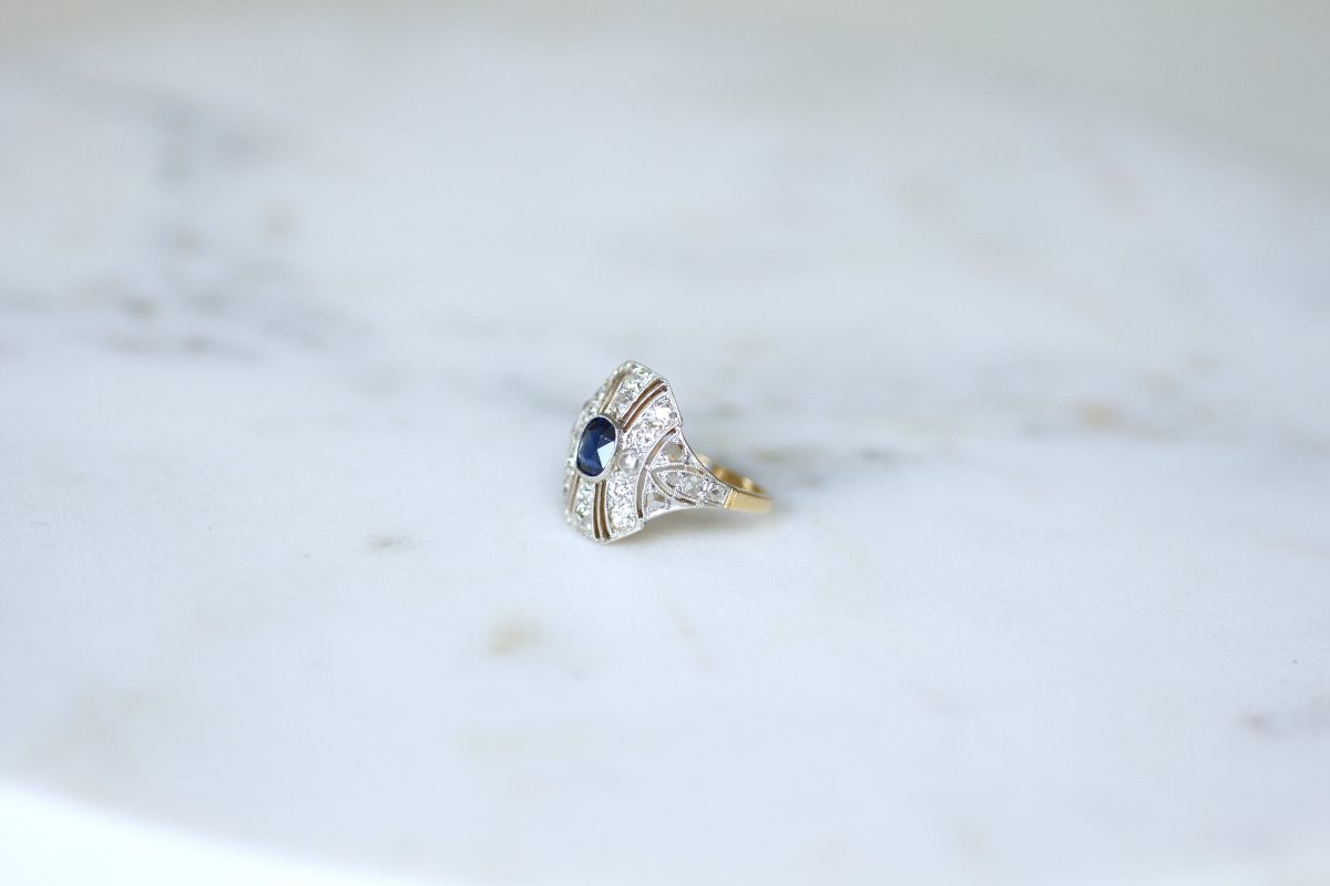 Art Deco Dome Ring With Sapphire And Diamonds On Platinum-photo-3