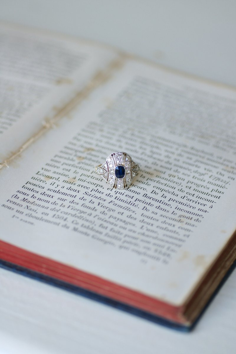 Art Deco Dome Ring With Sapphire And Diamonds On Platinum-photo-7