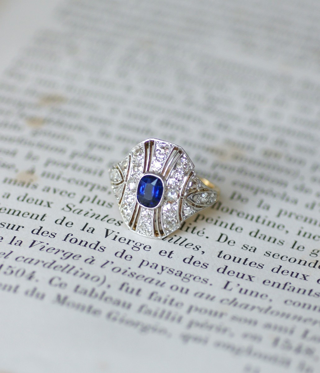 Art Deco Dome Ring With Sapphire And Diamonds On Platinum