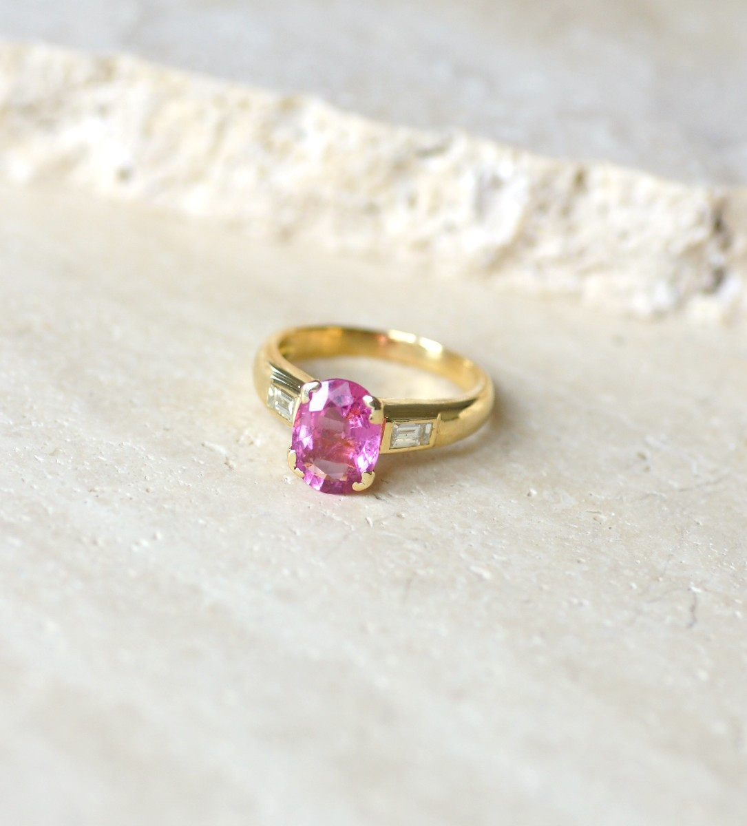 Pink Tourmaline And Baguette Diamond Ring In Yellow Gold