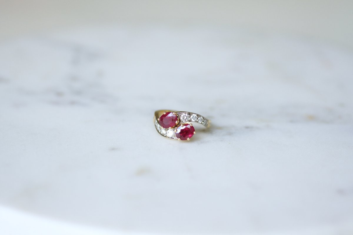 You & Me Engagement Ring With Burmese Ruby And Diamonds On Yellow Gold-photo-2