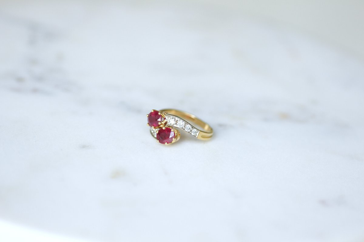 You & Me Engagement Ring With Burmese Ruby And Diamonds On Yellow Gold-photo-3