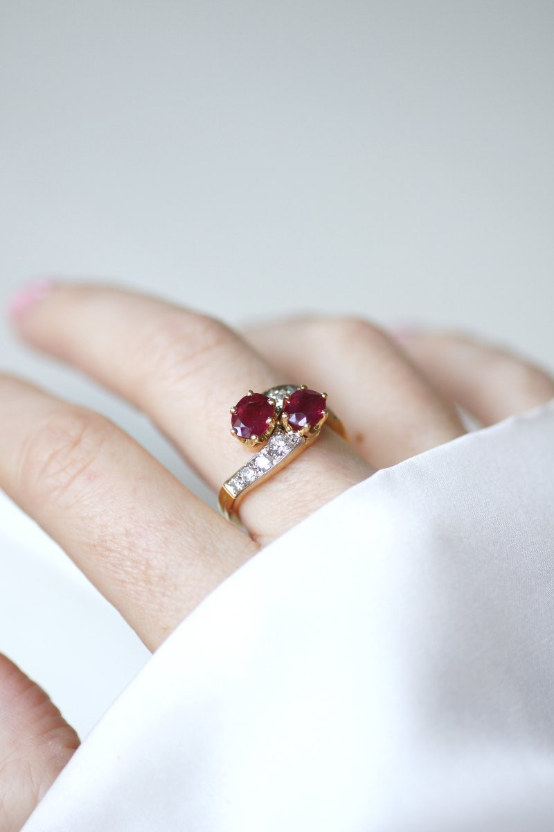 You & Me Engagement Ring With Burmese Ruby And Diamonds On Yellow Gold-photo-2