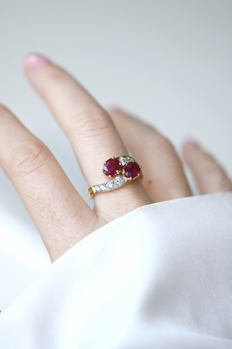 You & Me Engagement Ring With Burmese Ruby And Diamonds On Yellow Gold-photo-4