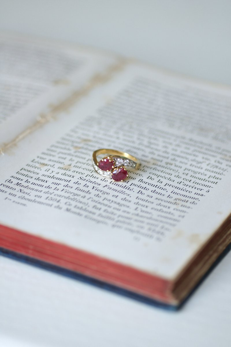 You & Me Engagement Ring With Burmese Ruby And Diamonds On Yellow Gold-photo-5