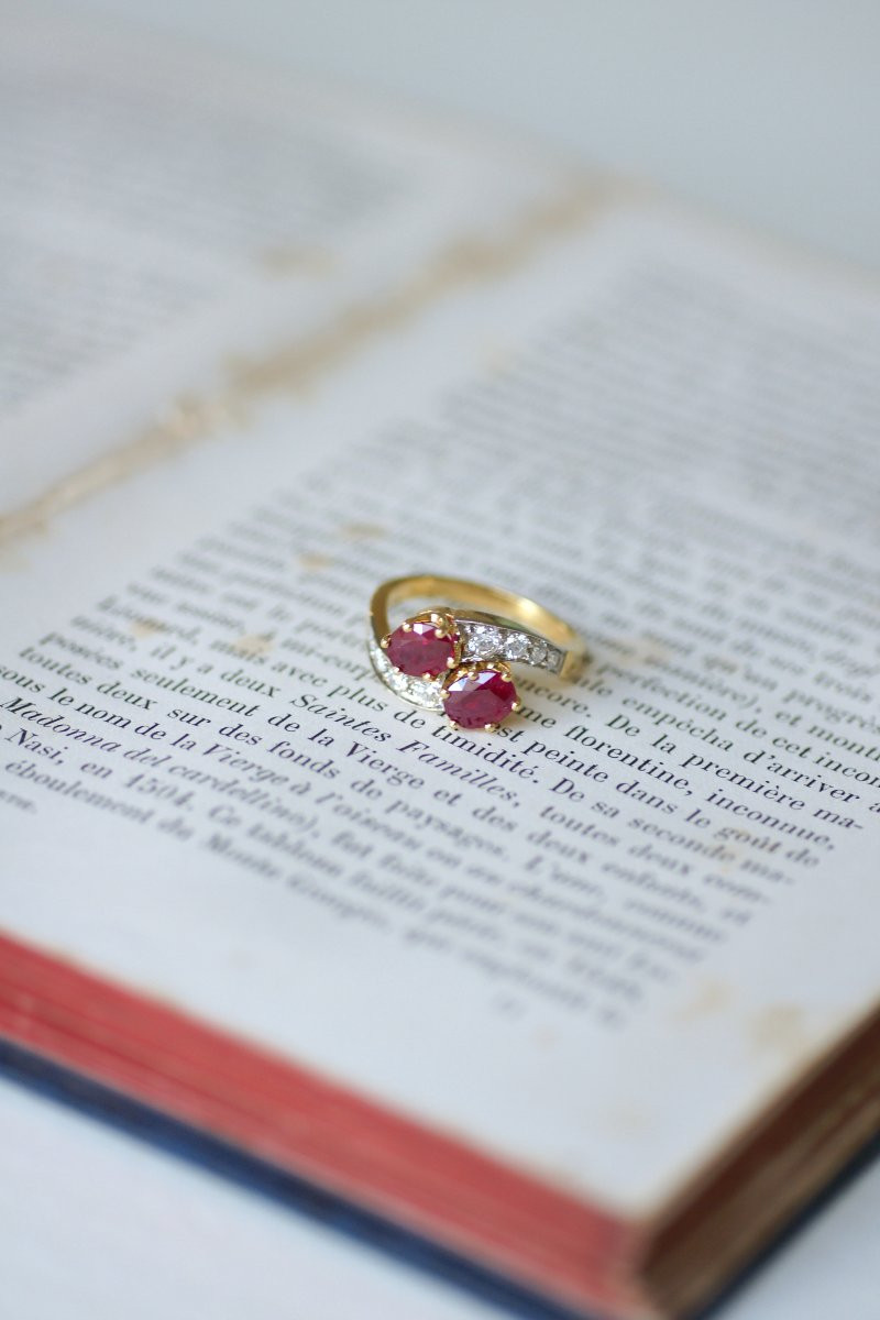 You & Me Engagement Ring With Burmese Ruby And Diamonds On Yellow Gold-photo-6