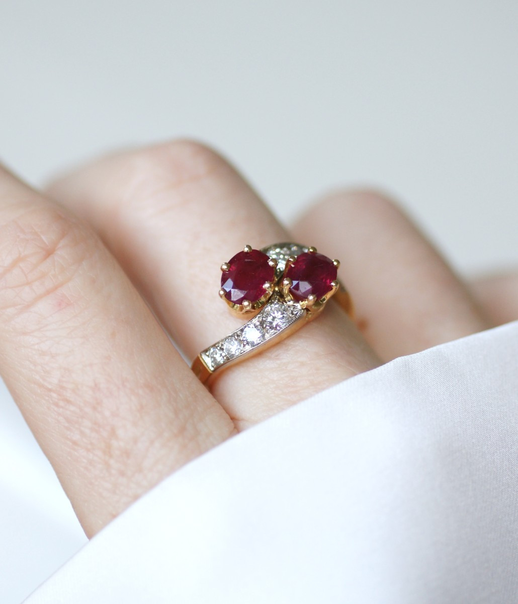 You & Me Engagement Ring With Burmese Ruby And Diamonds On Yellow Gold