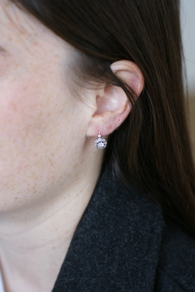 Cluster Sleeper Earrings With Old Cut Diamonds 1.40 Carats In Rose Gold And Silver-photo-2