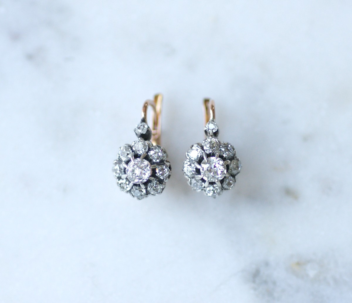 Cluster Sleeper Earrings With Old Cut Diamonds 1.40 Carats In Rose Gold And Silver