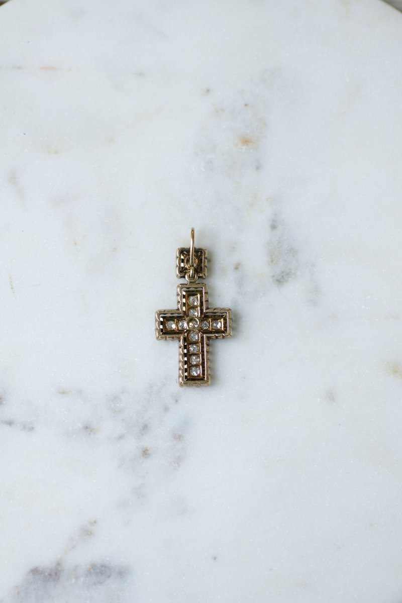 Croix Ancienne Diamants et Email sur Or Jaune et Argent-photo-3