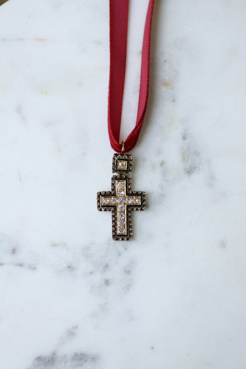 Croix Ancienne Diamants et Email sur Or Jaune et Argent-photo-4