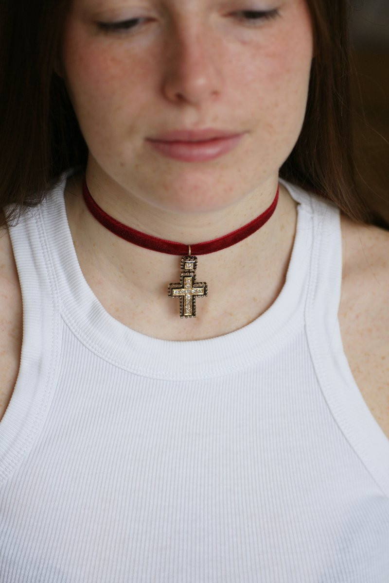 Croix Ancienne Diamants et Email sur Or Jaune et Argent-photo-1