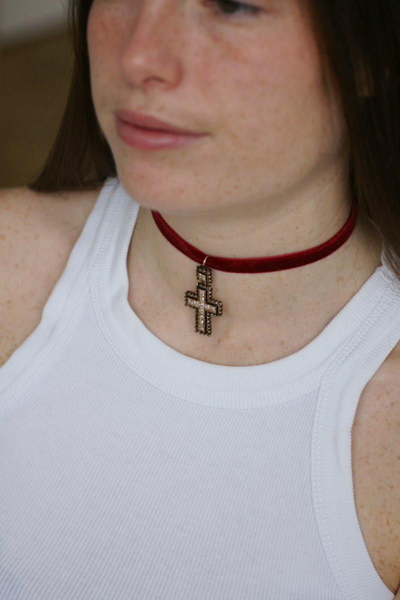 Croix Ancienne Diamants et Email sur Or Jaune et Argent-photo-2