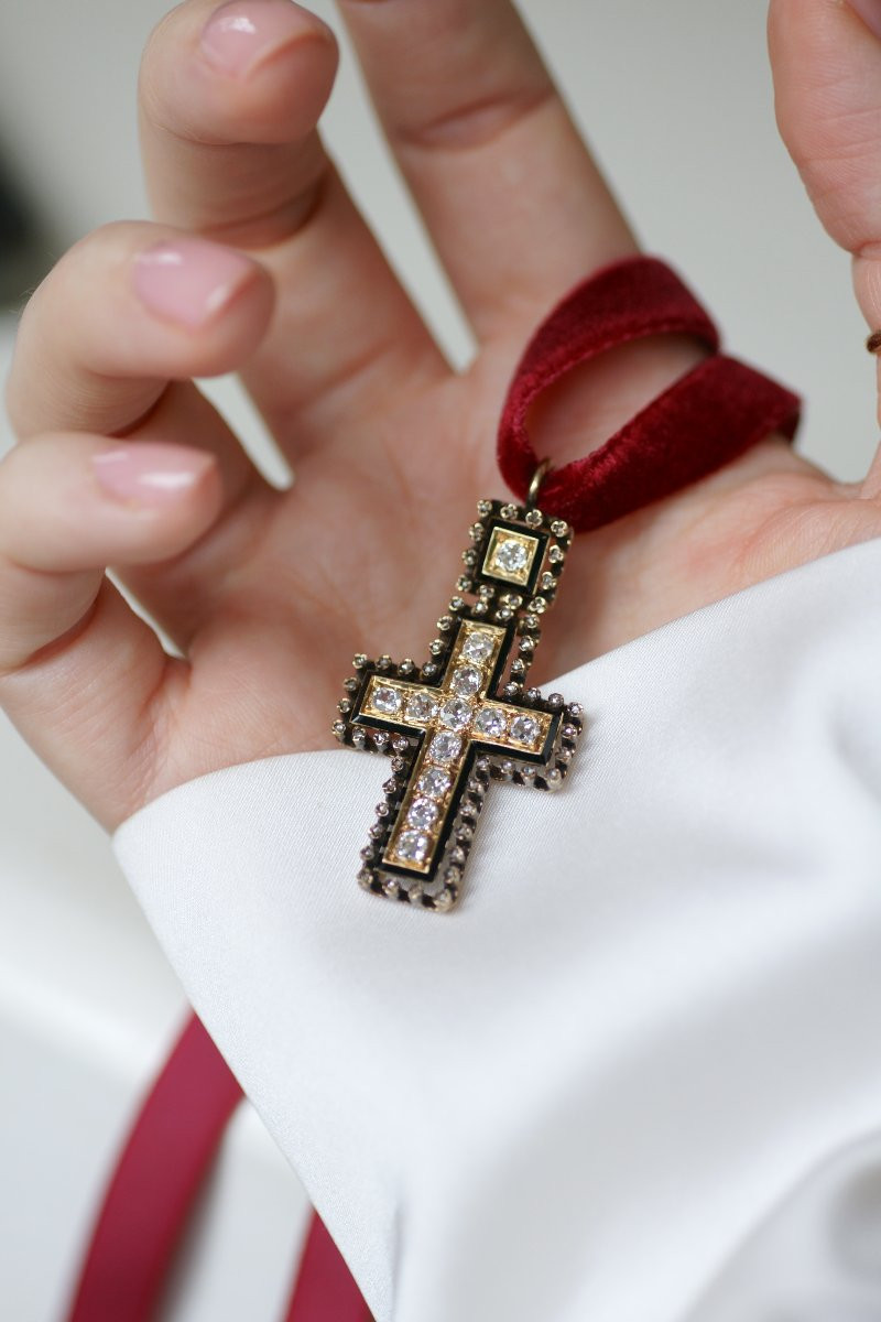 Croix Ancienne Diamants et Email sur Or Jaune et Argent-photo-4