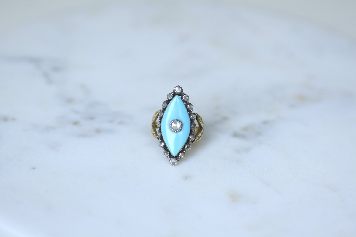 Bague Marquise Ancienne Diamant et Pâte de Verre sur Or et Argent-photo-2