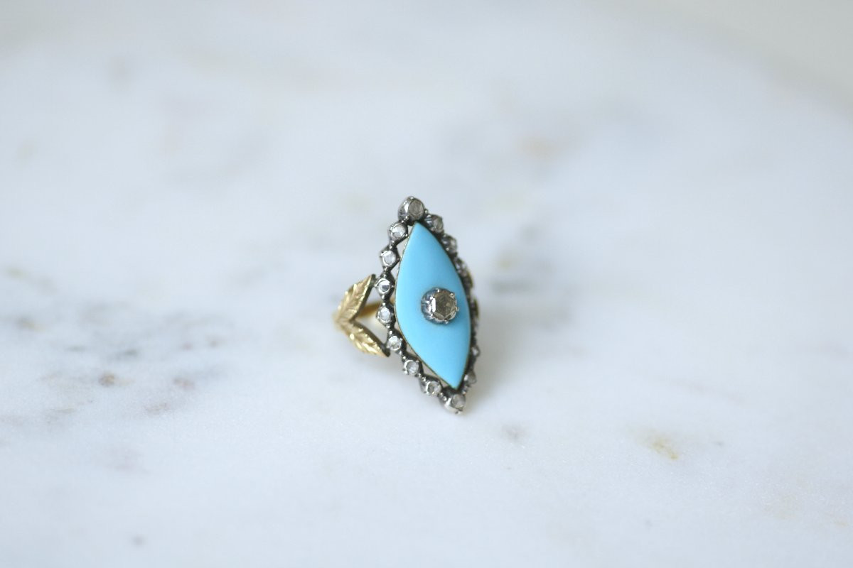 Bague Marquise Ancienne Diamant et Pâte de Verre sur Or et Argent-photo-4