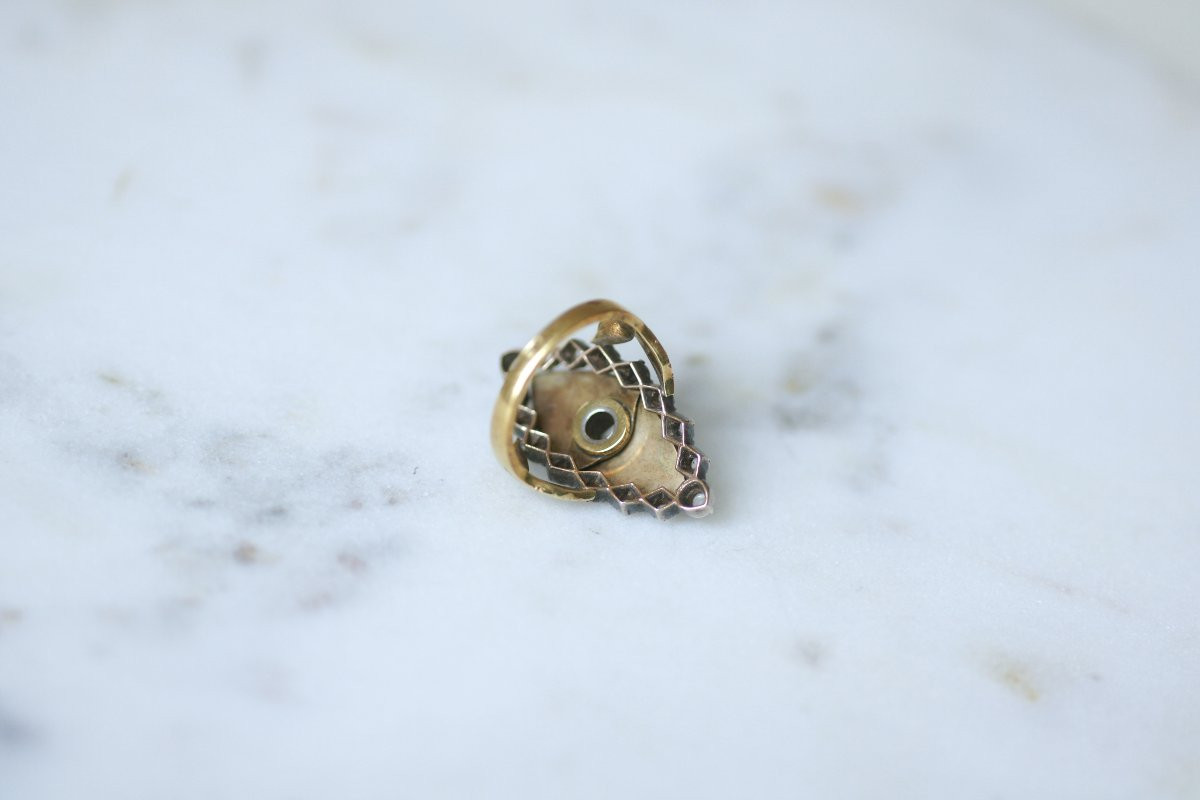Bague Marquise Ancienne Diamant et Pâte de Verre sur Or et Argent-photo-1