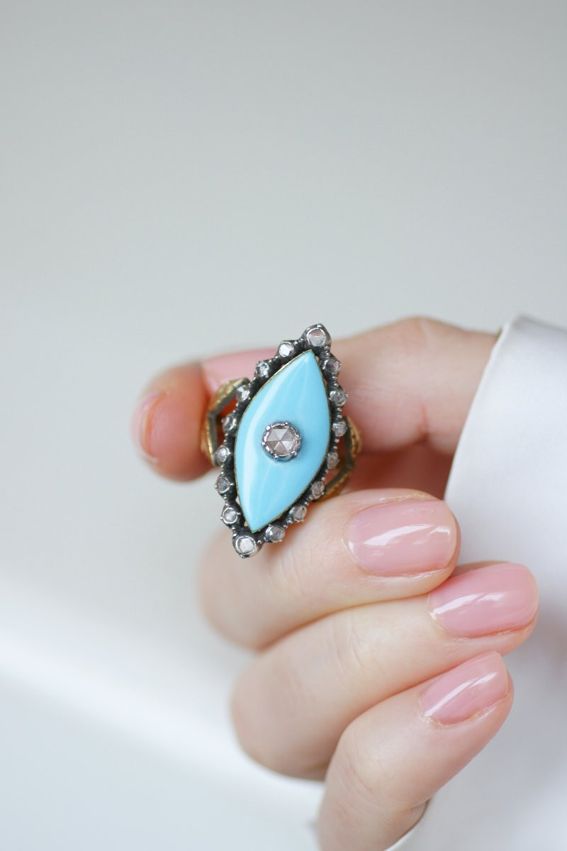 Bague Marquise Ancienne Diamant et Pâte de Verre sur Or et Argent-photo-2