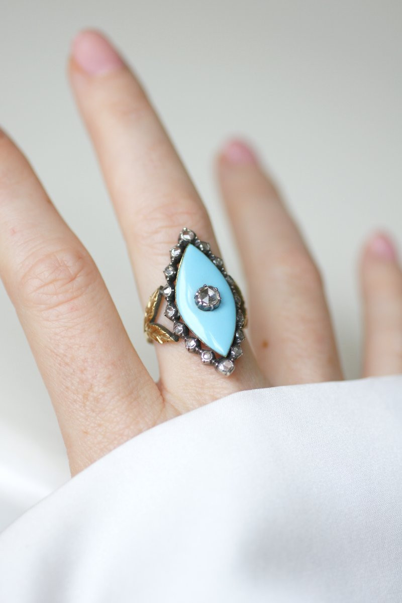 Bague Marquise Ancienne Diamant et Pâte de Verre sur Or et Argent-photo-3