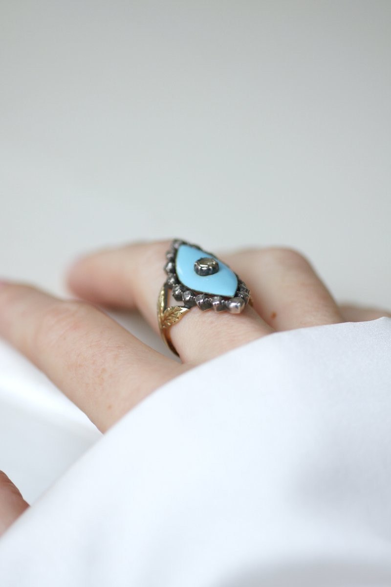 Bague Marquise Ancienne Diamant et Pâte de Verre sur Or et Argent-photo-4