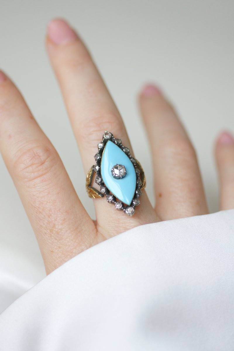Bague Marquise Ancienne Diamant et Pâte de Verre sur Or et Argent-photo-5
