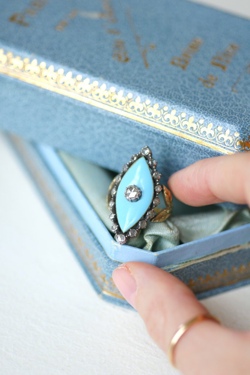 Bague Marquise Ancienne Diamant et Pâte de Verre sur Or et Argent-photo-6