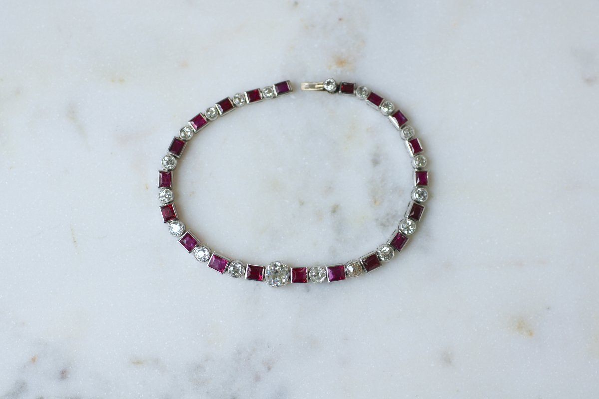 Bracelet Ligne Art Déco Rubis Birman et Diamant sur Platine-photo-2